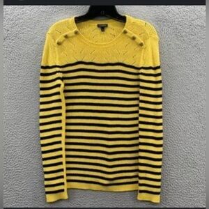 Talbots Women’s Yellow Navy Striped Sweater M | Pointelle Knit Yoke EUC